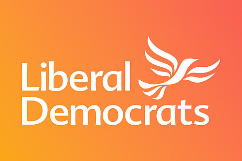 Liberal Democrats with Liberty Bird Ascending on a gradient background of Orange to Coral colour