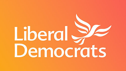 Liberal Democrats with Liberty Bird Ascending on a gradient background of Orange to Coral colour